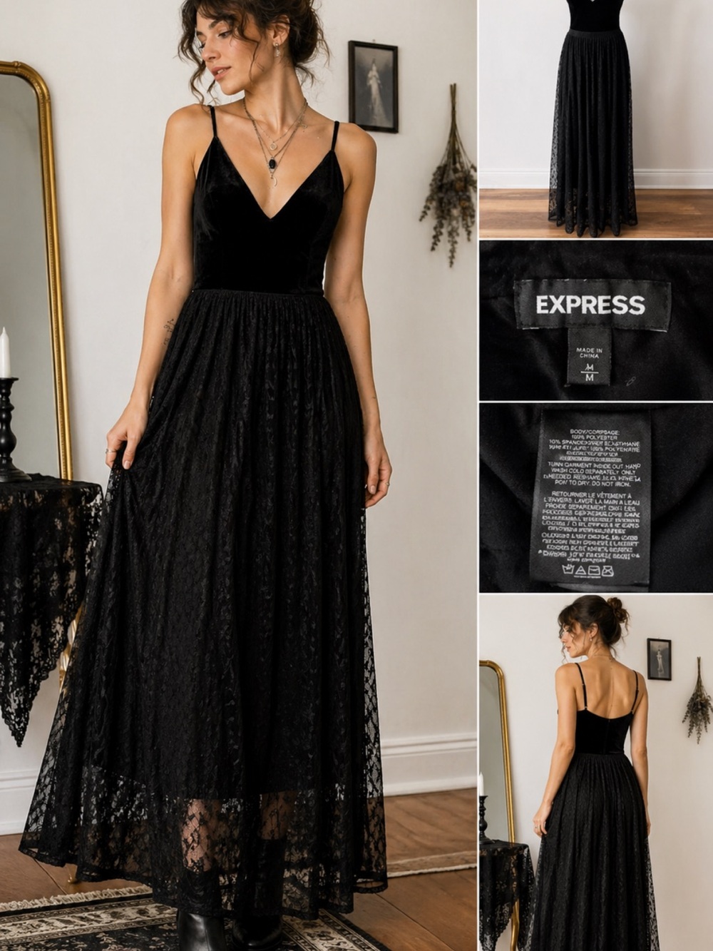 Express Black Velvet Lace Maxi Dress Goth Boho Fairycore Whimsigoth Size M
